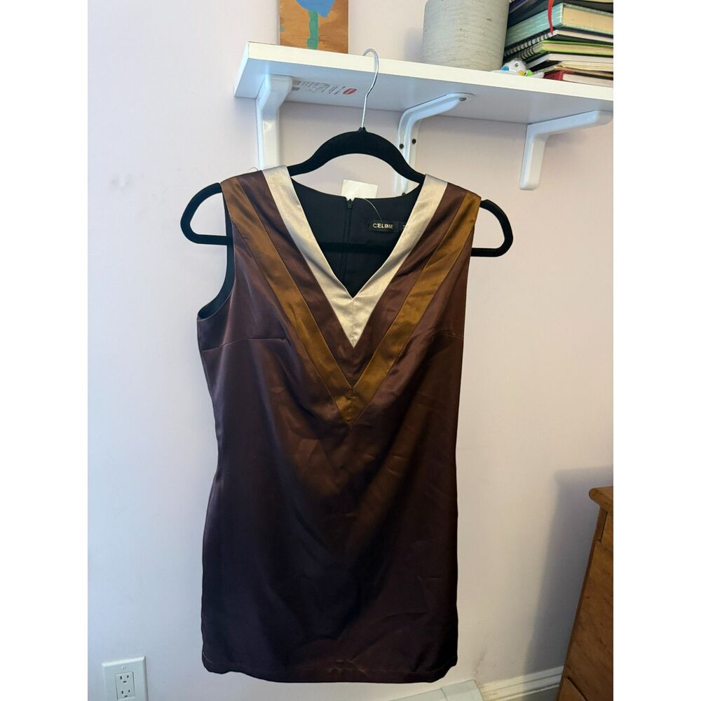 Celine dress, NWOT, M, brown satin V-neck